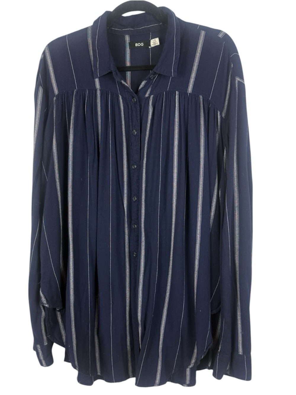 BDG Urban Outfitters Navy Blue Striped Oversized Gathered Button-Down Shirt